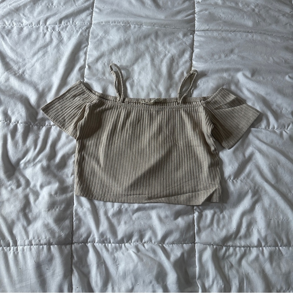 Bear Dance Beige Off-Shoulder Crop Top